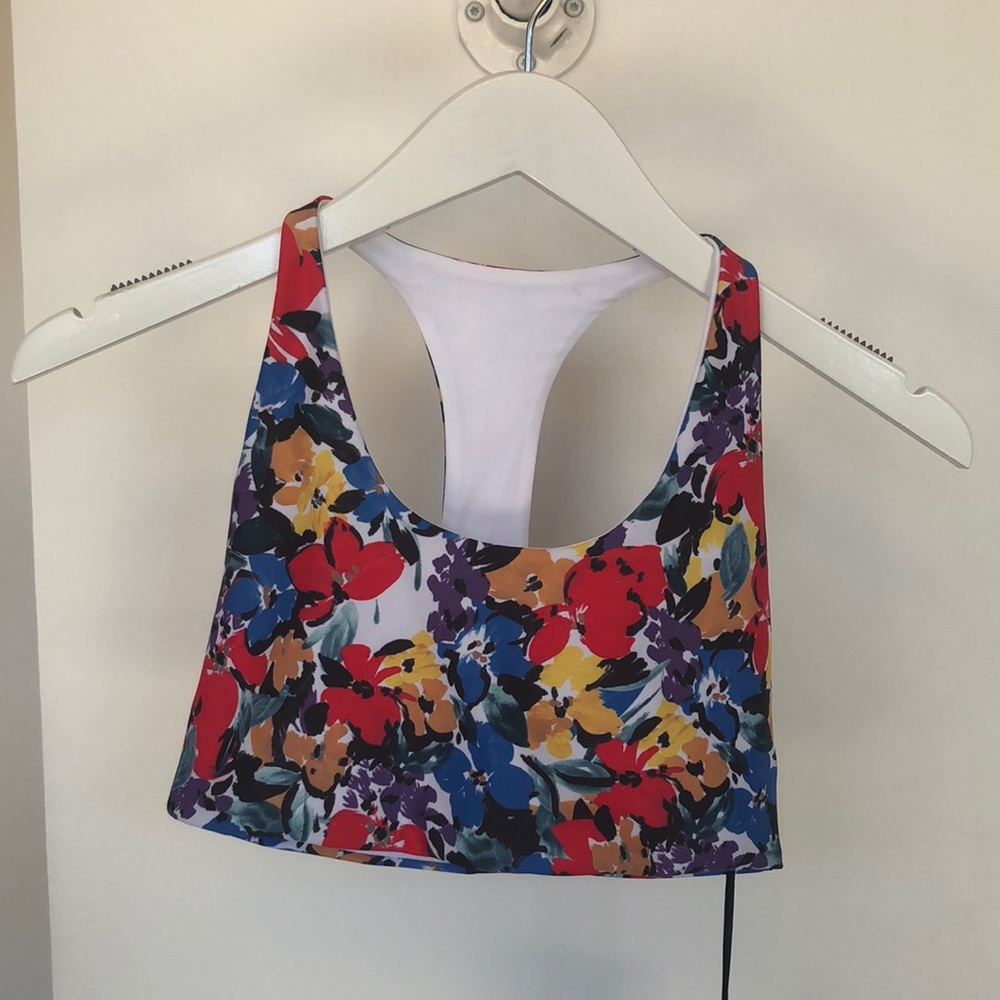 BeachRiot classic racerback sports bra in a multi colored floral print